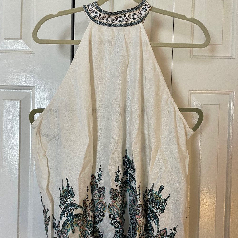 Venus Women's Sleeveless Top Ivory with Pattern Button and Tie